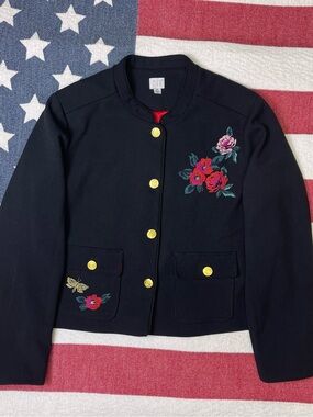 a.n.d eawy Womens Black Floral Embroidered Button Front Lined Jacket Pockets 16